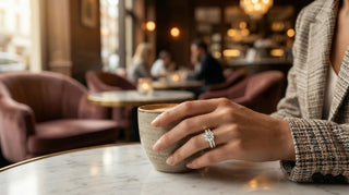 Bague de fiançailles en diamant de synthèse, or 18 carats recyclé, portée à la main dans un café parisien