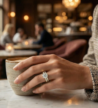 Bague de fiançailles en diamant de synthèse, or 18 carats recyclé, portée à la main dans un café parisien