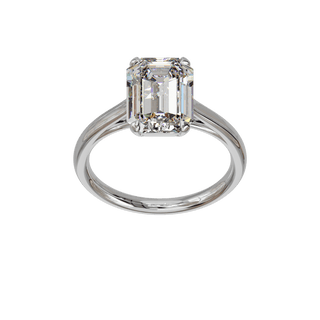 Bague Classique émeraude, diamant de synthèse de 4 carats, or blanc 18 carats recyclé, vue de face en plongée