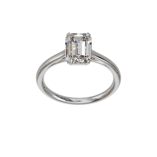 Bague Classique émeraude, diamant de synthèse de 2 carats, or blanc 18 carats recyclé, vue de face en plongée